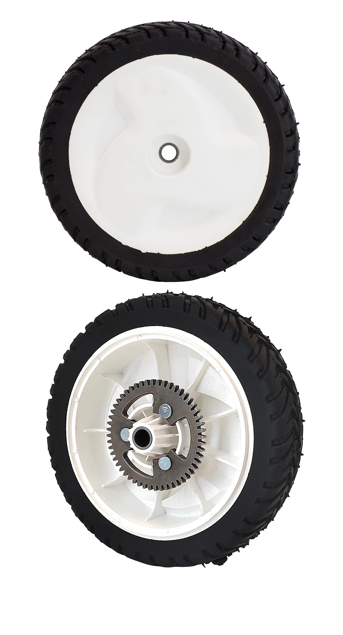 Parts Camp front view of the two replacement wheels showing fit and finish, ready to replace worn wheels