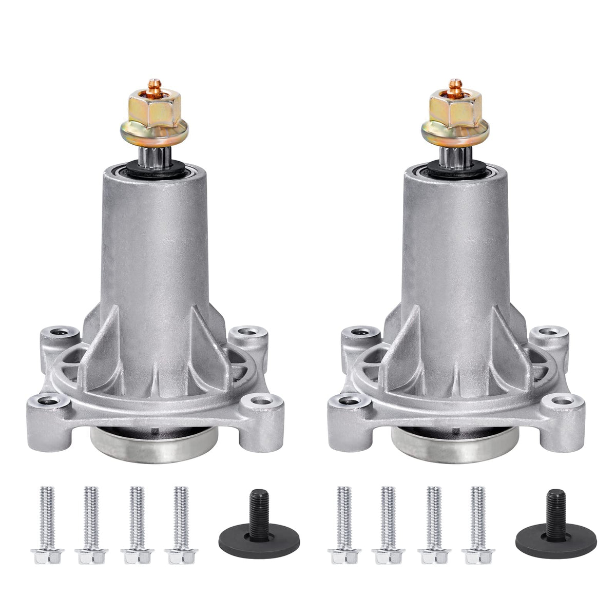 Parts Camp spindle assembly front view showing durable flange and fitment benefit