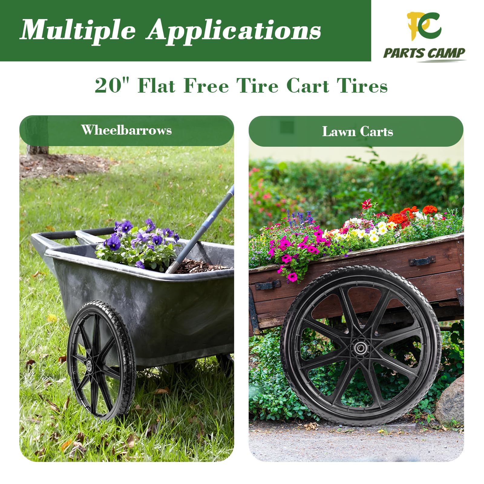 Parts Camp wheel installed on wheelbarrow in yard, reduces puncture downtime