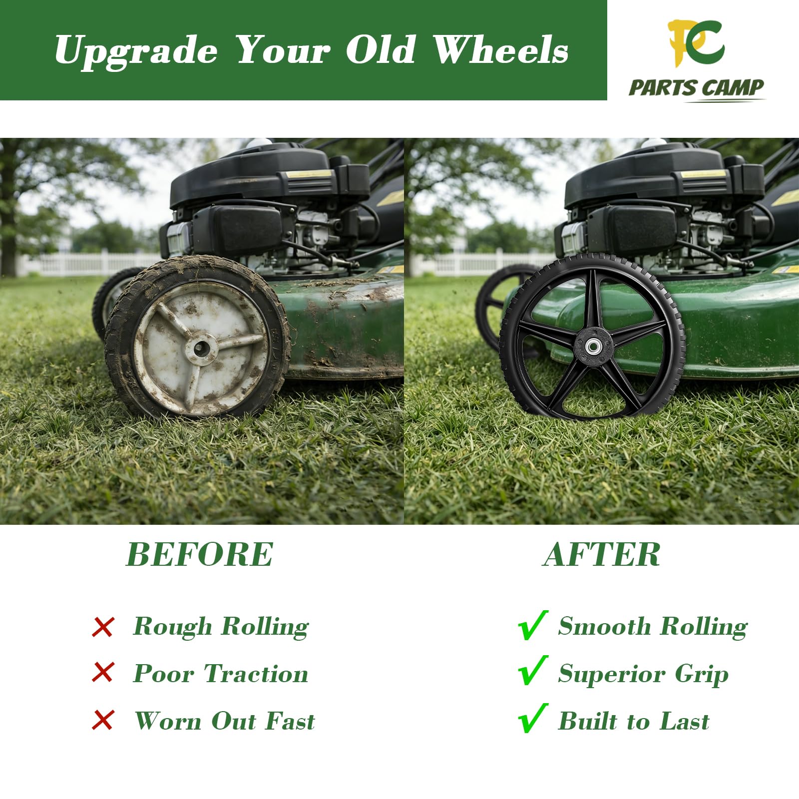 Parts Camp wheel on gardening cart in yard demonstrating stable transport benefit