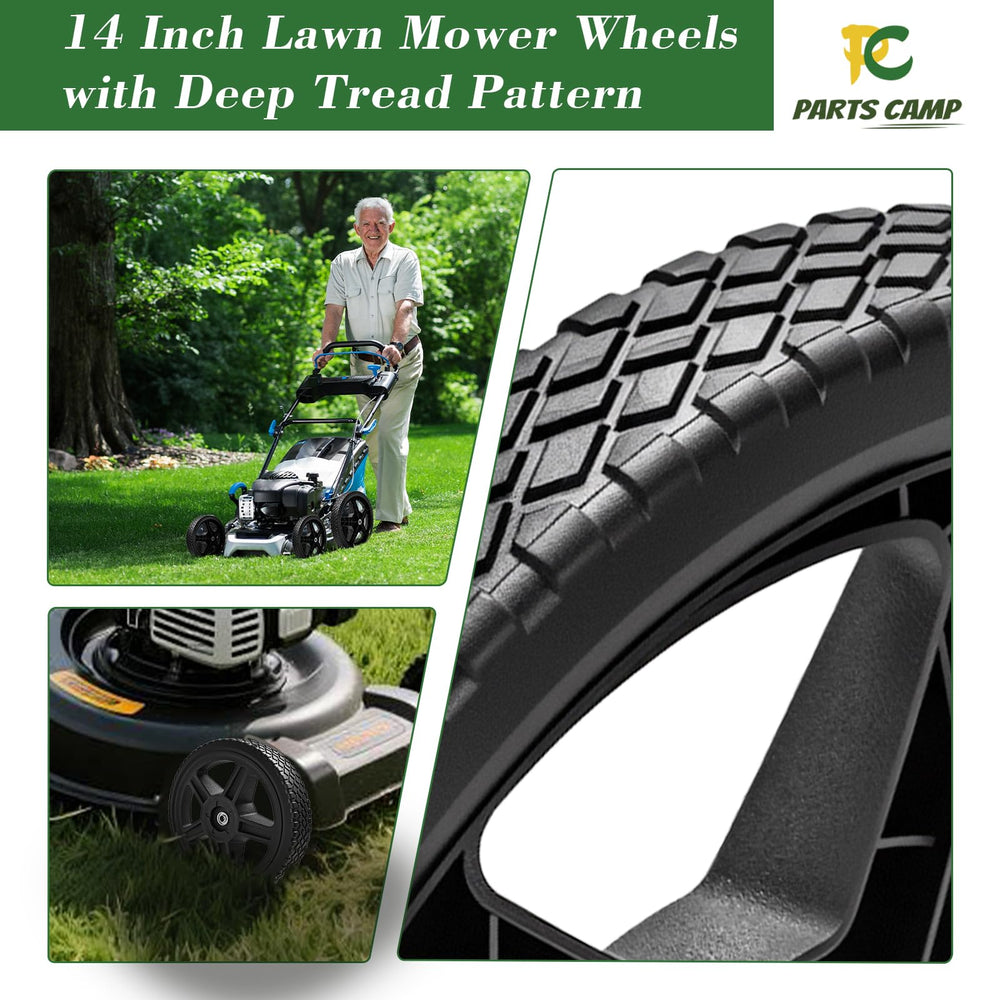 Parts Camp wheel mounted on a push mower improving maneuverability and stability