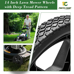 Parts Camp wheel mounted on a push mower improving maneuverability and stability