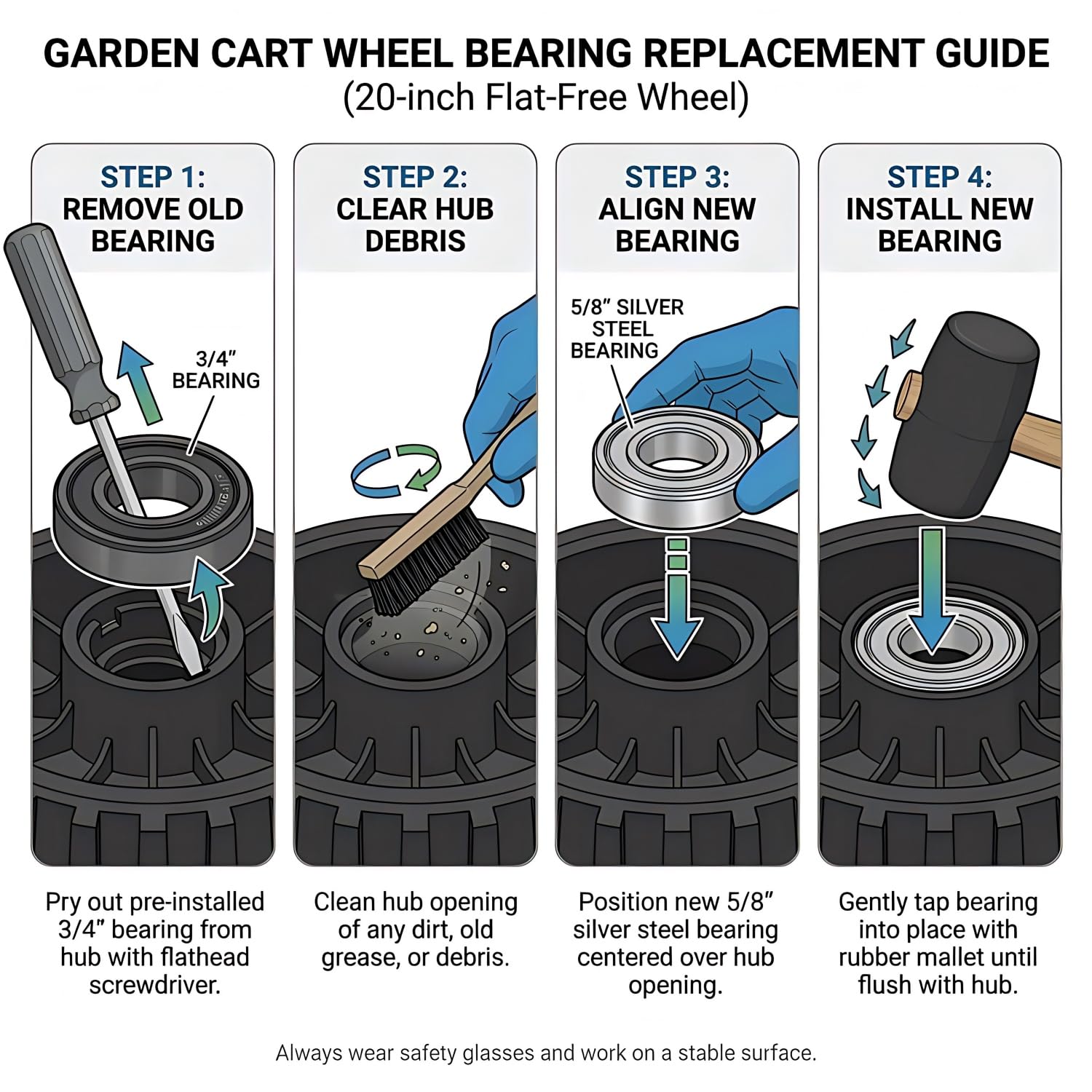 Parts Camp wheel rolling in garden setting with mulch, supports heavy outdoor loads