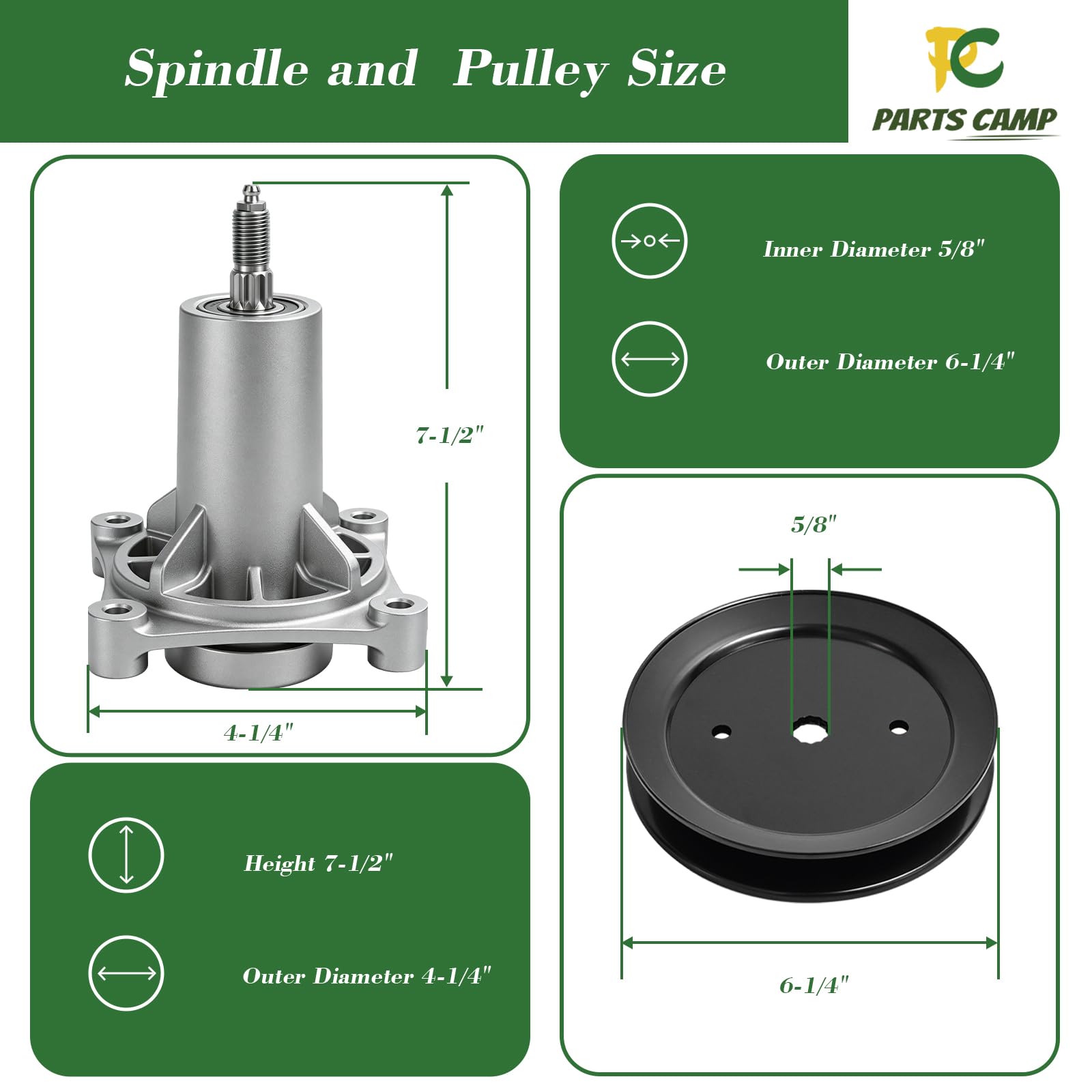Parts Camp side profile of spindle and pulley demonstrating compact, OEM fit