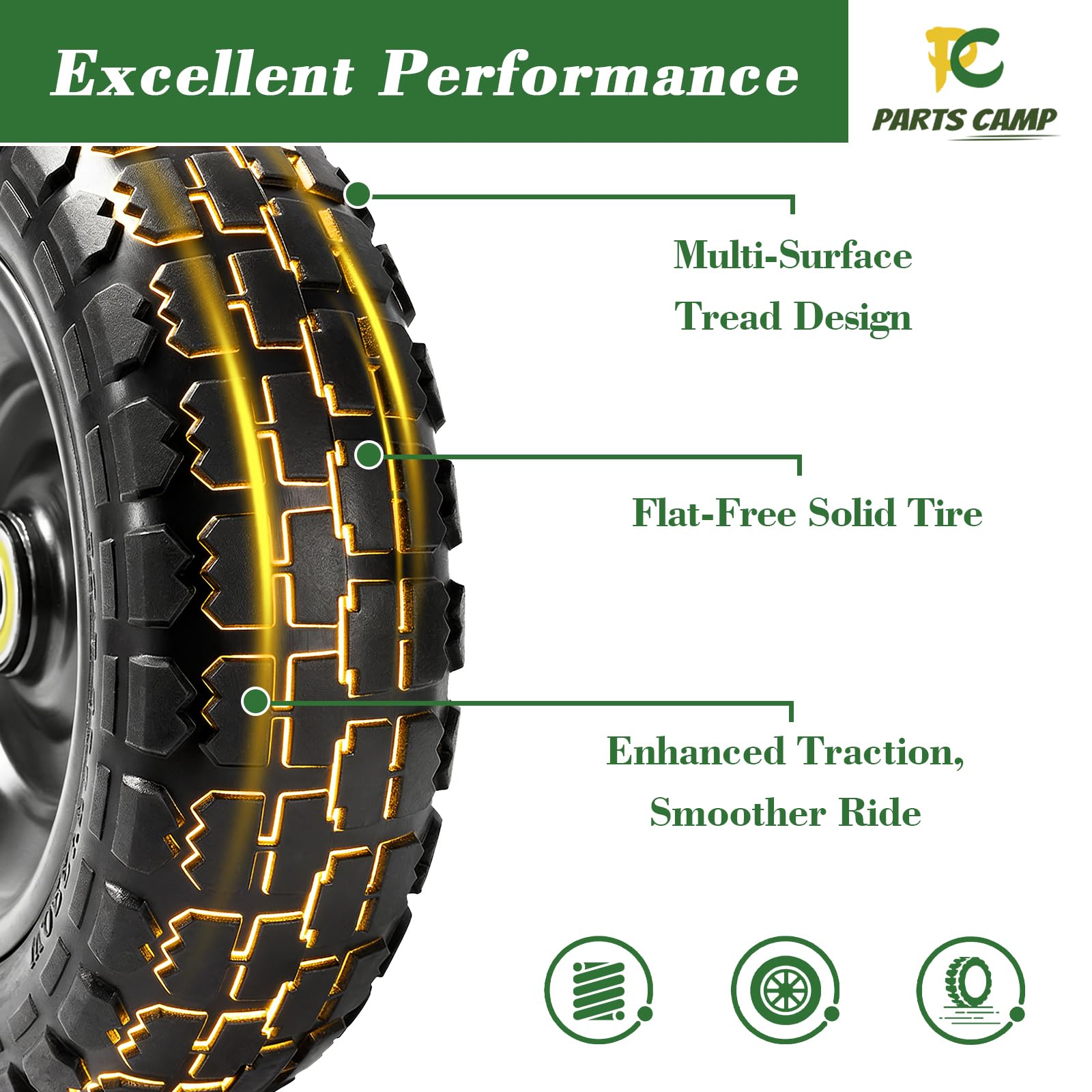 Parts Camp tire tread profile detail showing wide 3-inch tread for stability