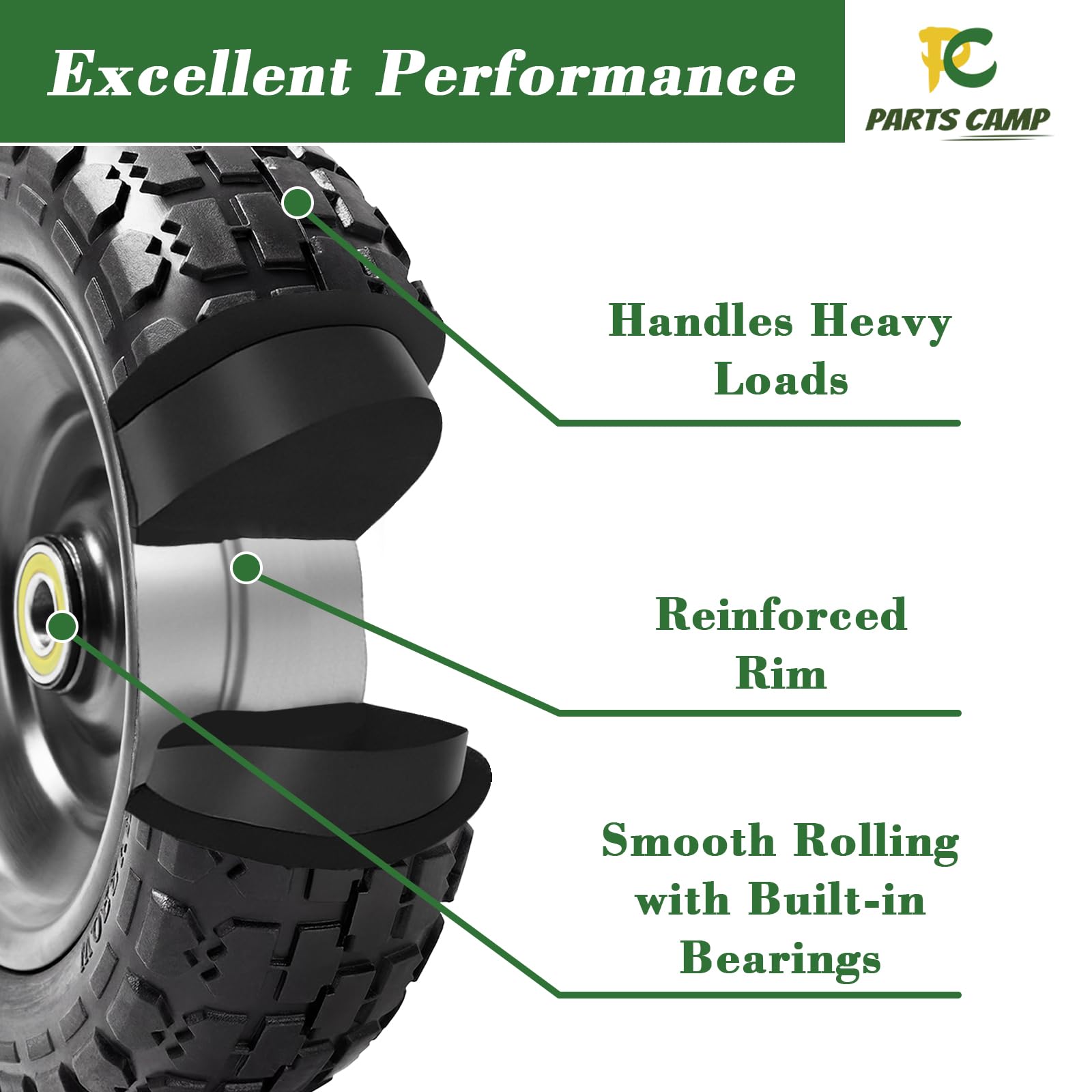 Parts Camp wheel mounted on a garden cart demonstrating easy replacement benefit