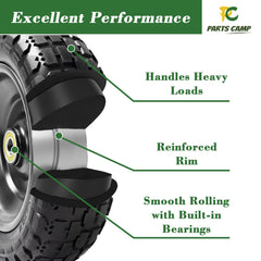 Parts Camp wheel mounted on a garden cart demonstrating easy replacement benefit