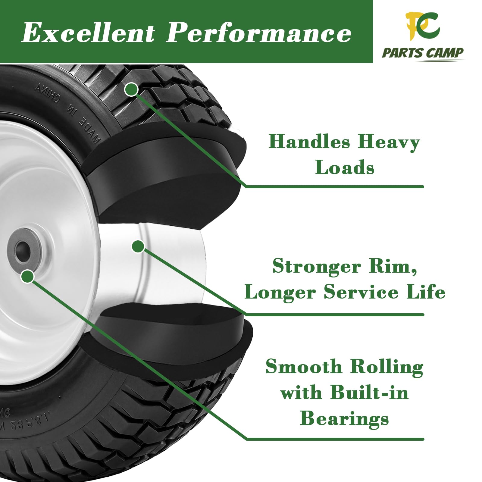 Parts Camp wheel mounted on mower demonstrating improved ride and traction