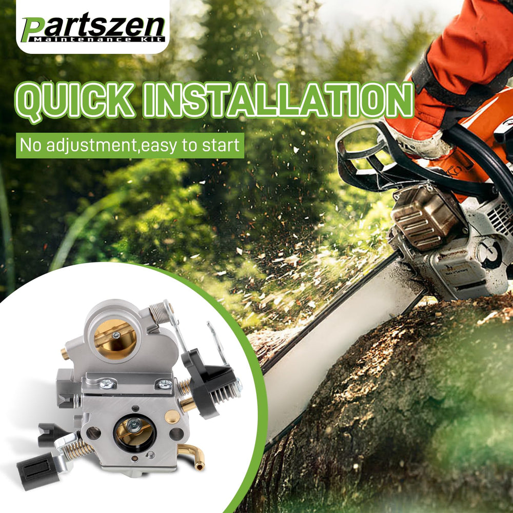 partszen carburetor in outdoor setting on chainsaw showing ready-to-use condition for field work