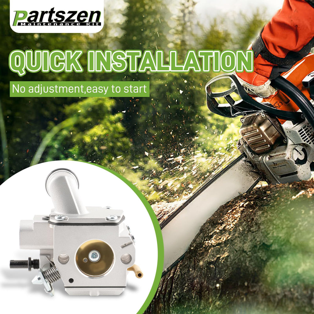 partszen parts arranged beside Stihl saw showing compatibility and scale