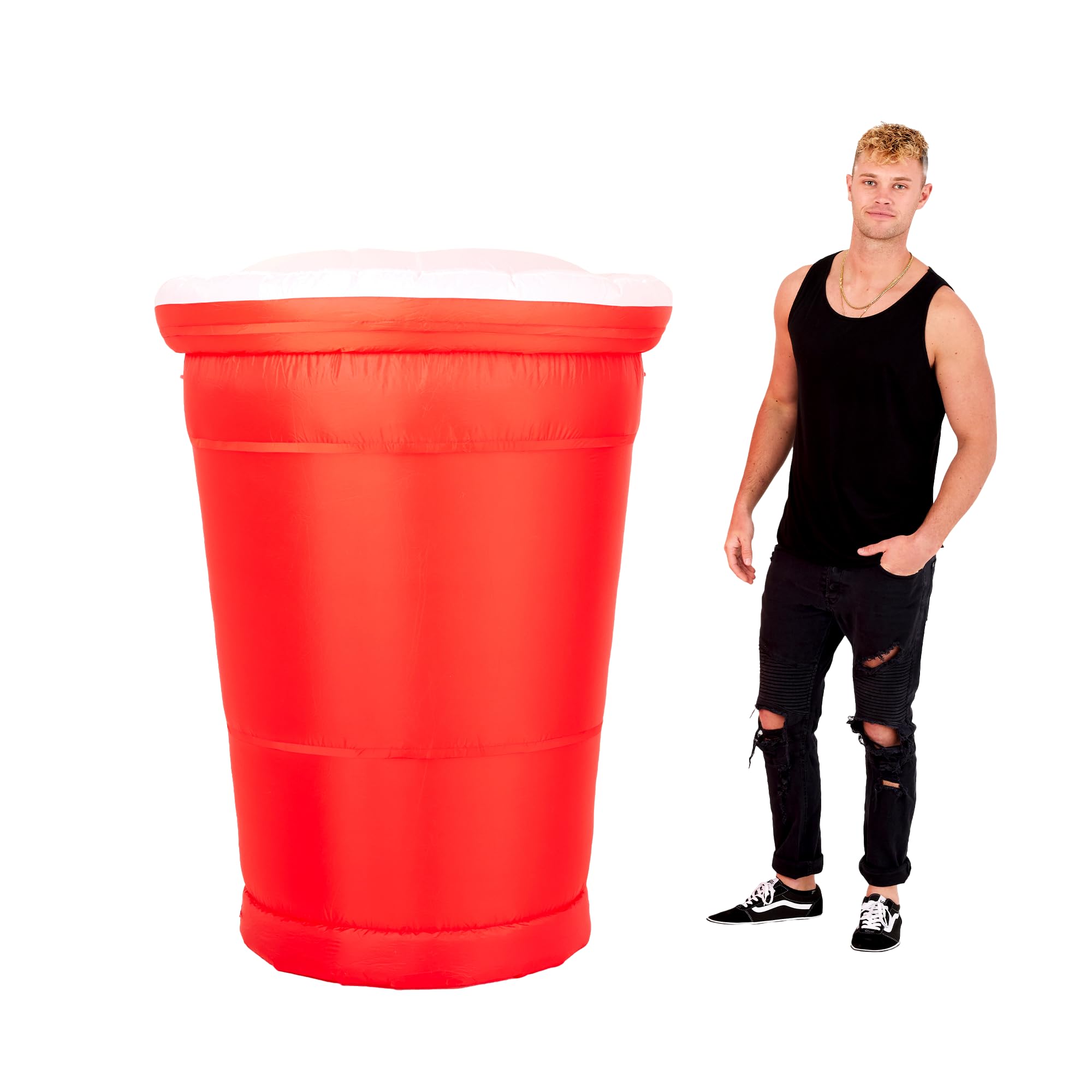 Party Poofer front view of 5ft red cup showing bold decoration and instant party impact