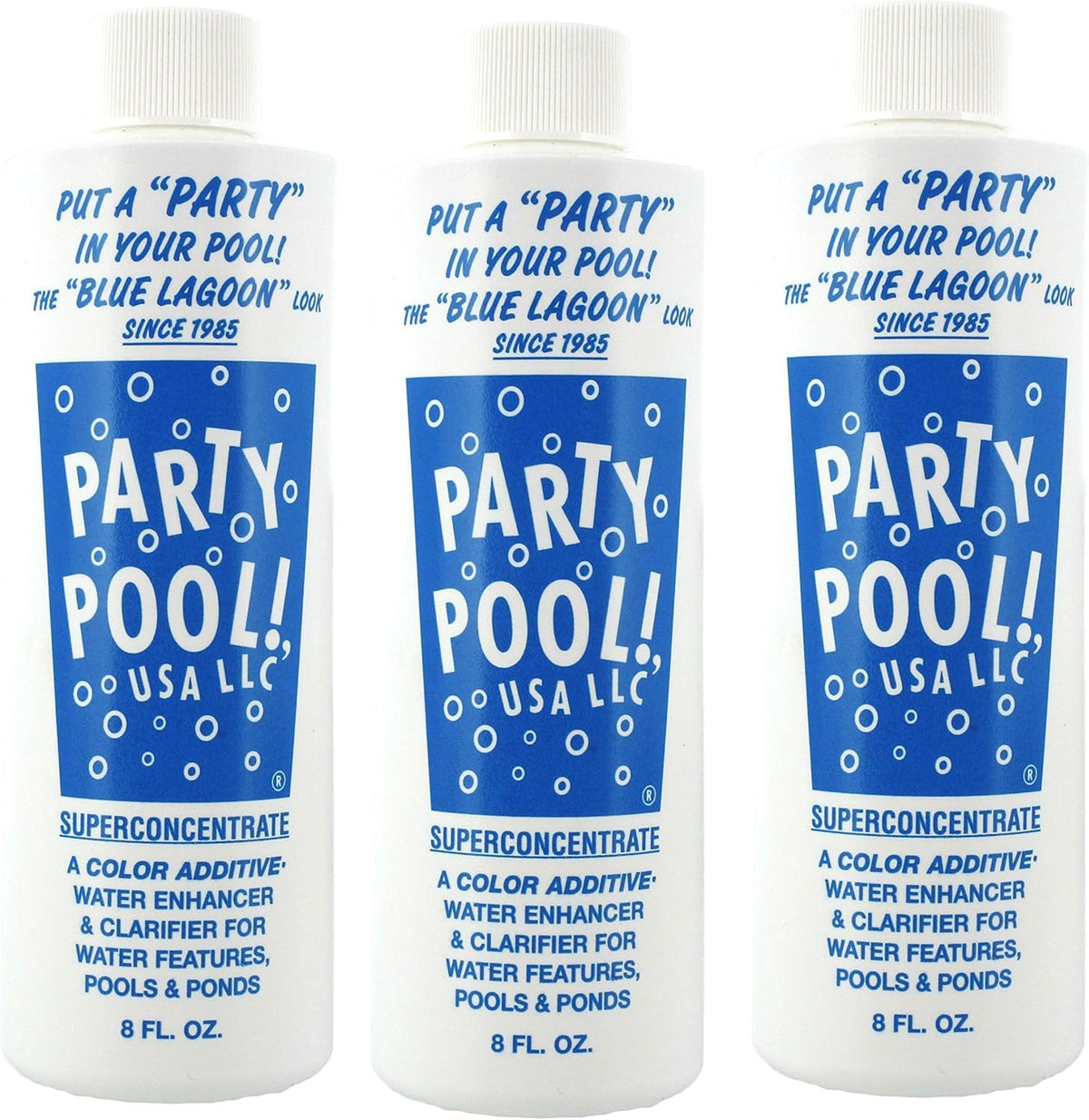 Party Pool front label showing product name and bright blue effect benefit