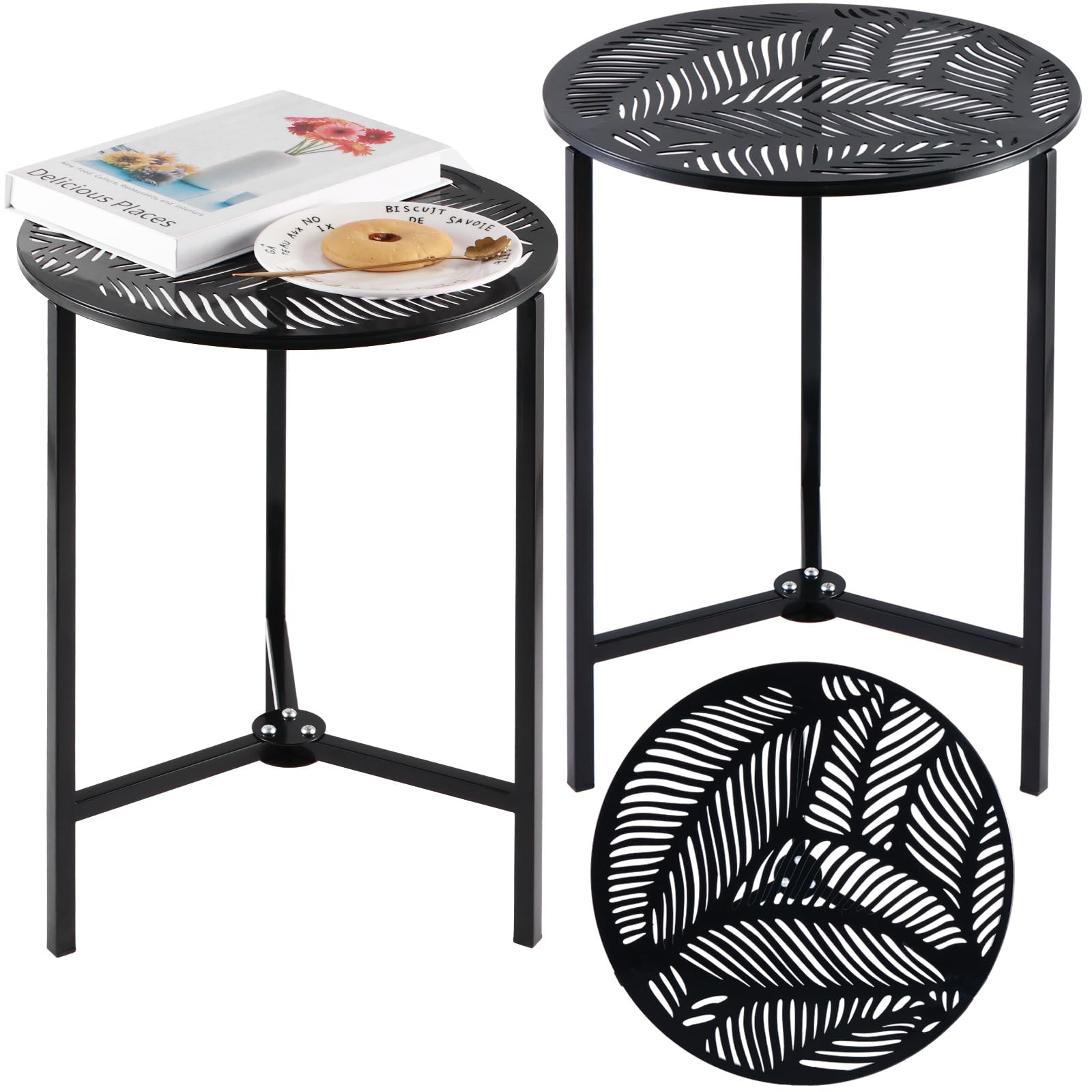 Party Zealot front view of both black side tables, compact and decorative