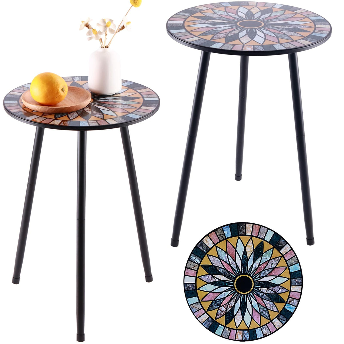 Party Zealot front view of both round mosaic tables showing compact pair and style