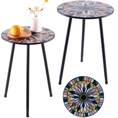 Party Zealot front view of both round mosaic tables showing compact pair and style