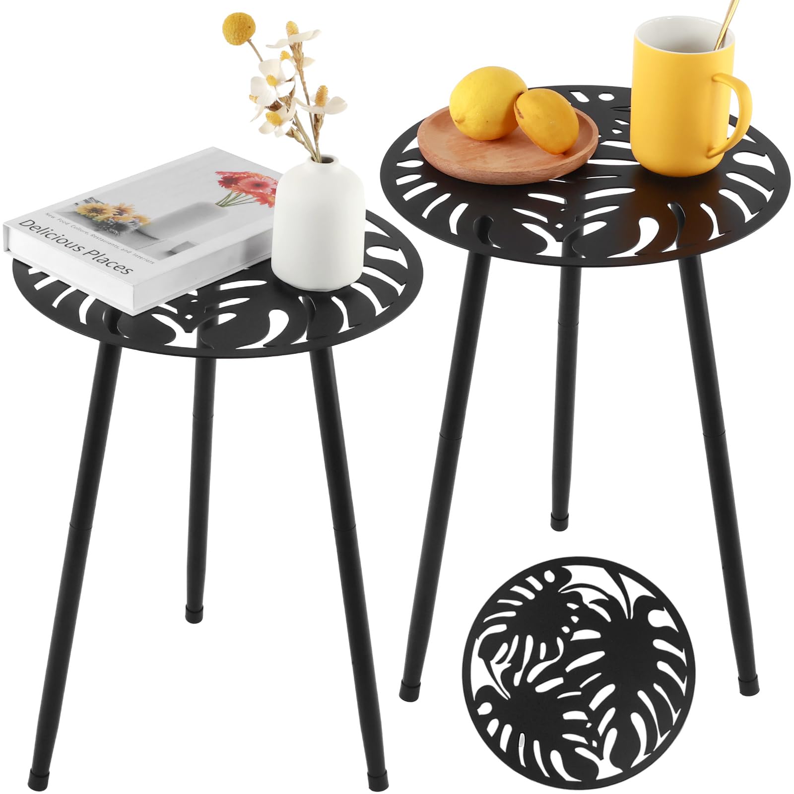 Party Zealot front view of two black outdoor side tables, compact and decorative