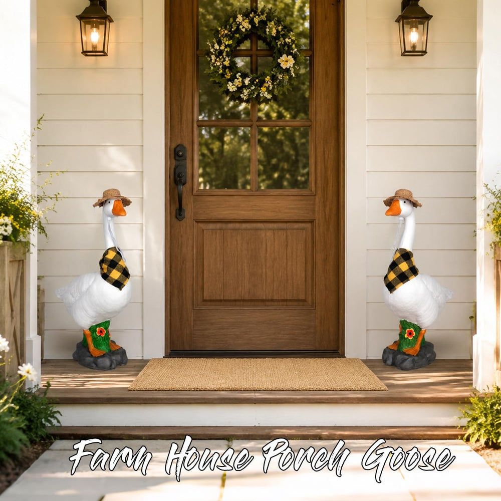 PARTYGEARS porch setting with goose statue creating rustic farmhouse curb appeal