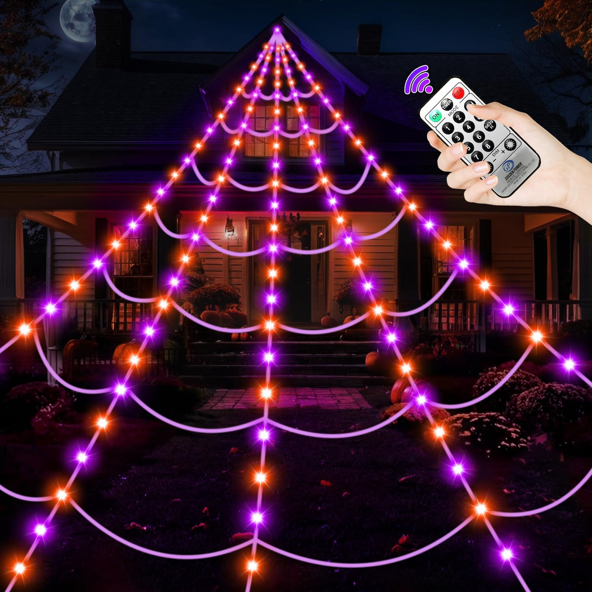partyMoonet front view of giant 200-inch web lights for bold Halloween curb appeal