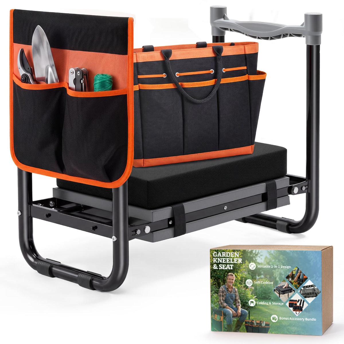 PASAMIC front view of garden kneeler showing full padded seat and storage pockets for convenience