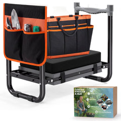 PASAMIC front view of garden kneeler showing full padded seat and storage pockets for convenience