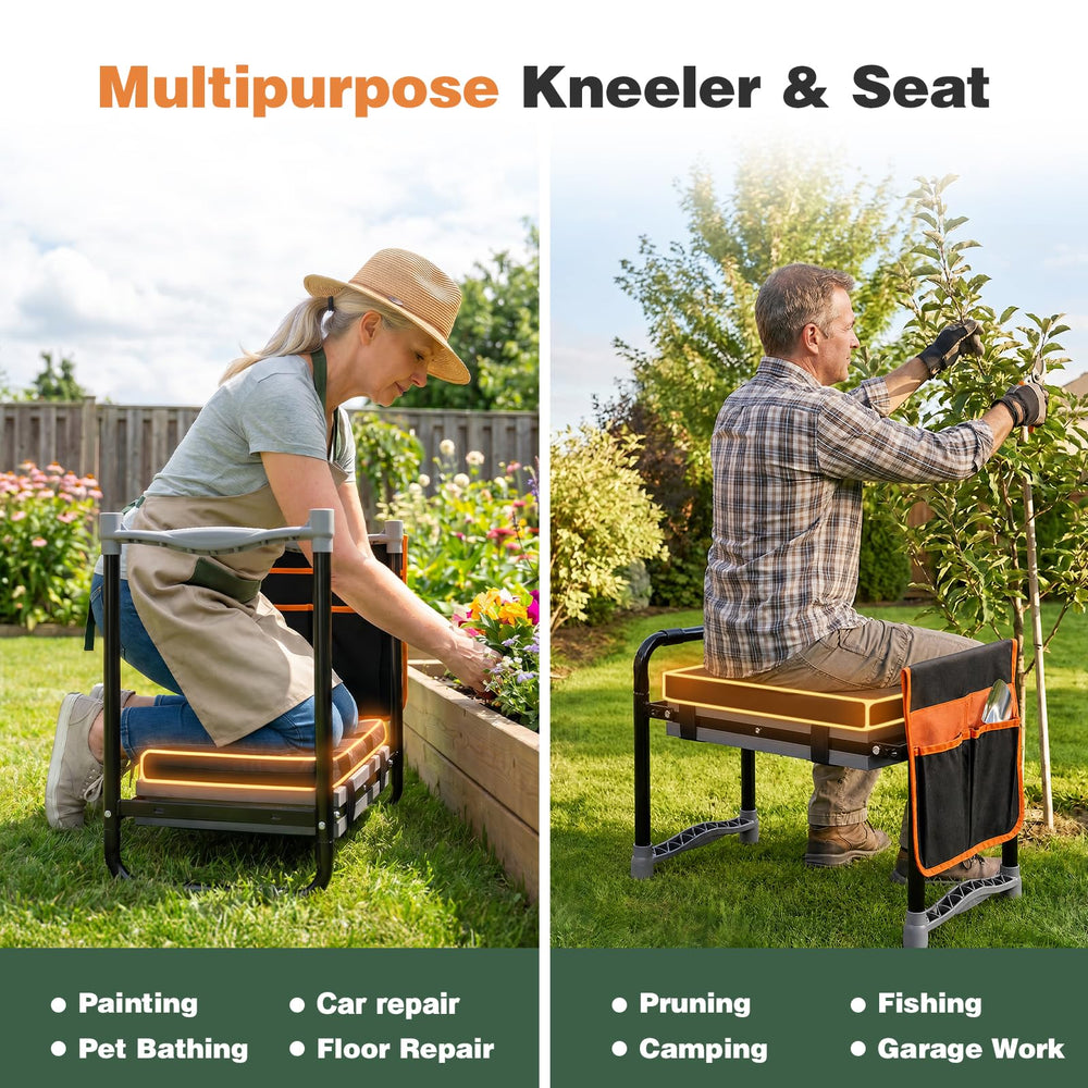 PASAMIC in use kneeling on lawn illustrating reduced knee strain during gardening