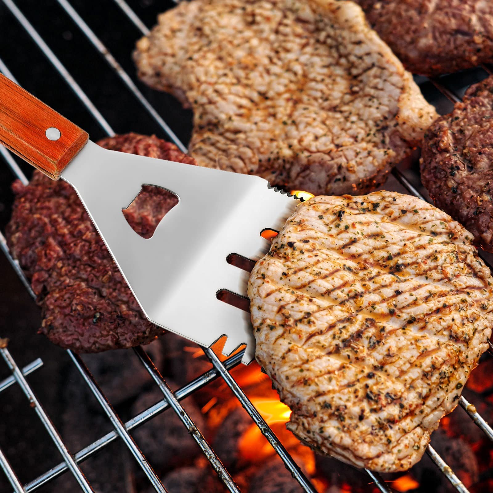 Patelai spatula tip showing bottle opener and serrated edge for multitasking
