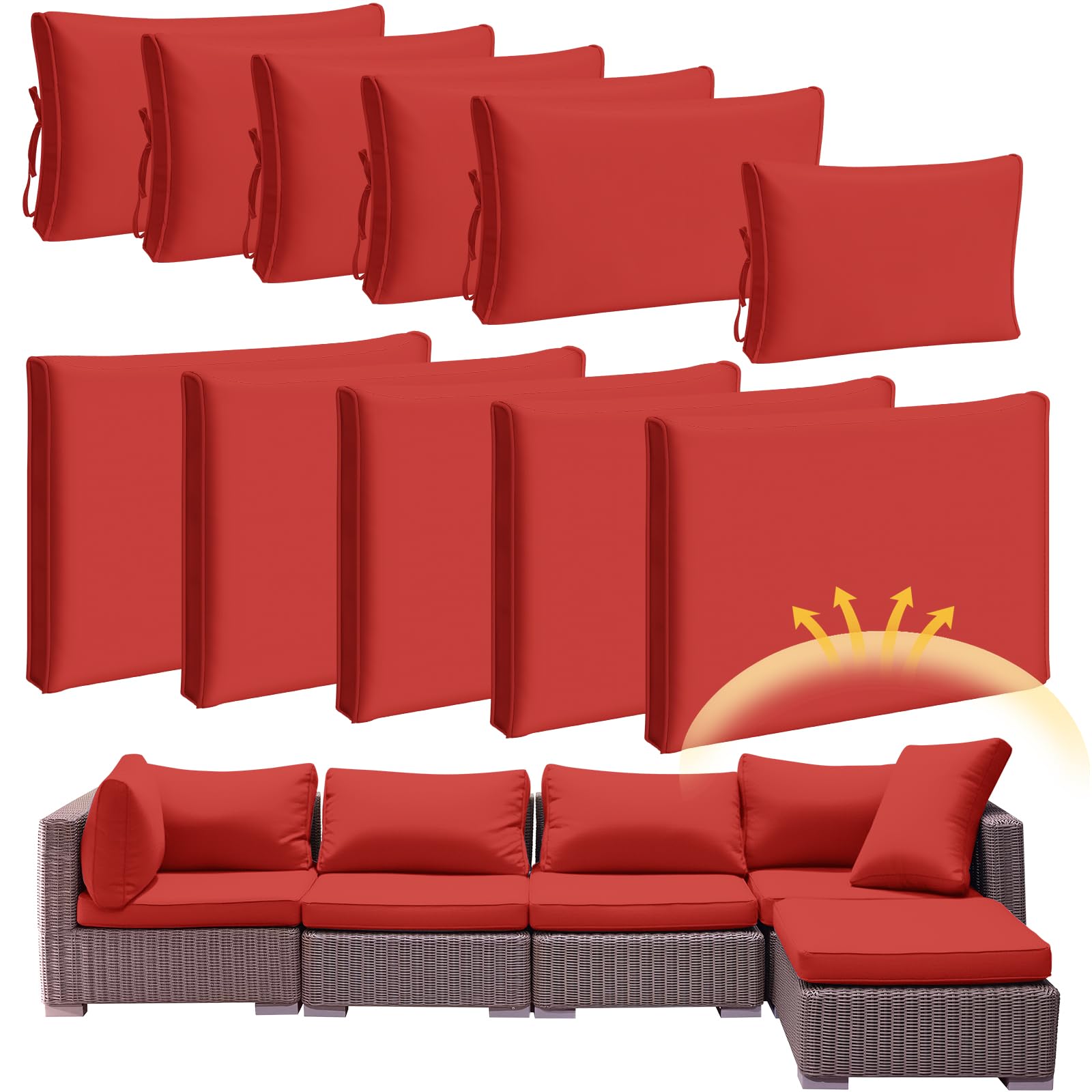 Patelai front view of 11-piece red cushion covers showing full set and packaging benefit