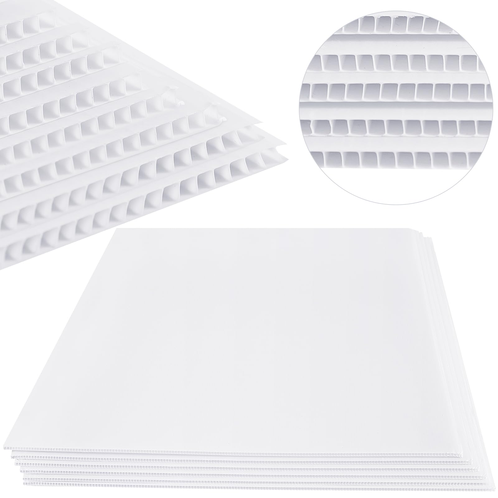 Patelai front view of six white corrugated plastic sheets showing clean double-sided surface and size