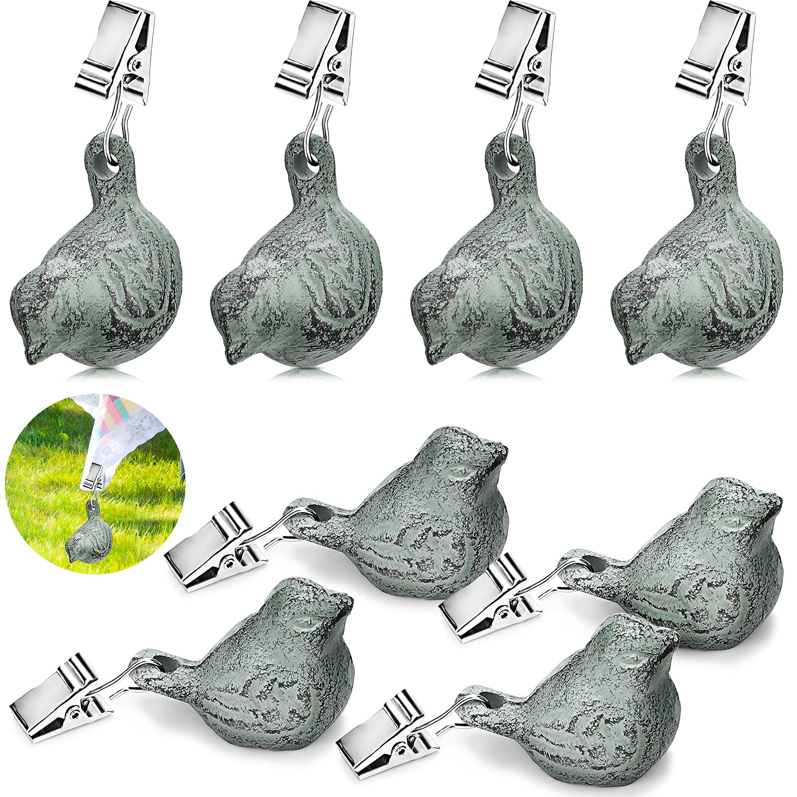 Patelai front view showing eight light-green bird tablecloth weights and vintage charm