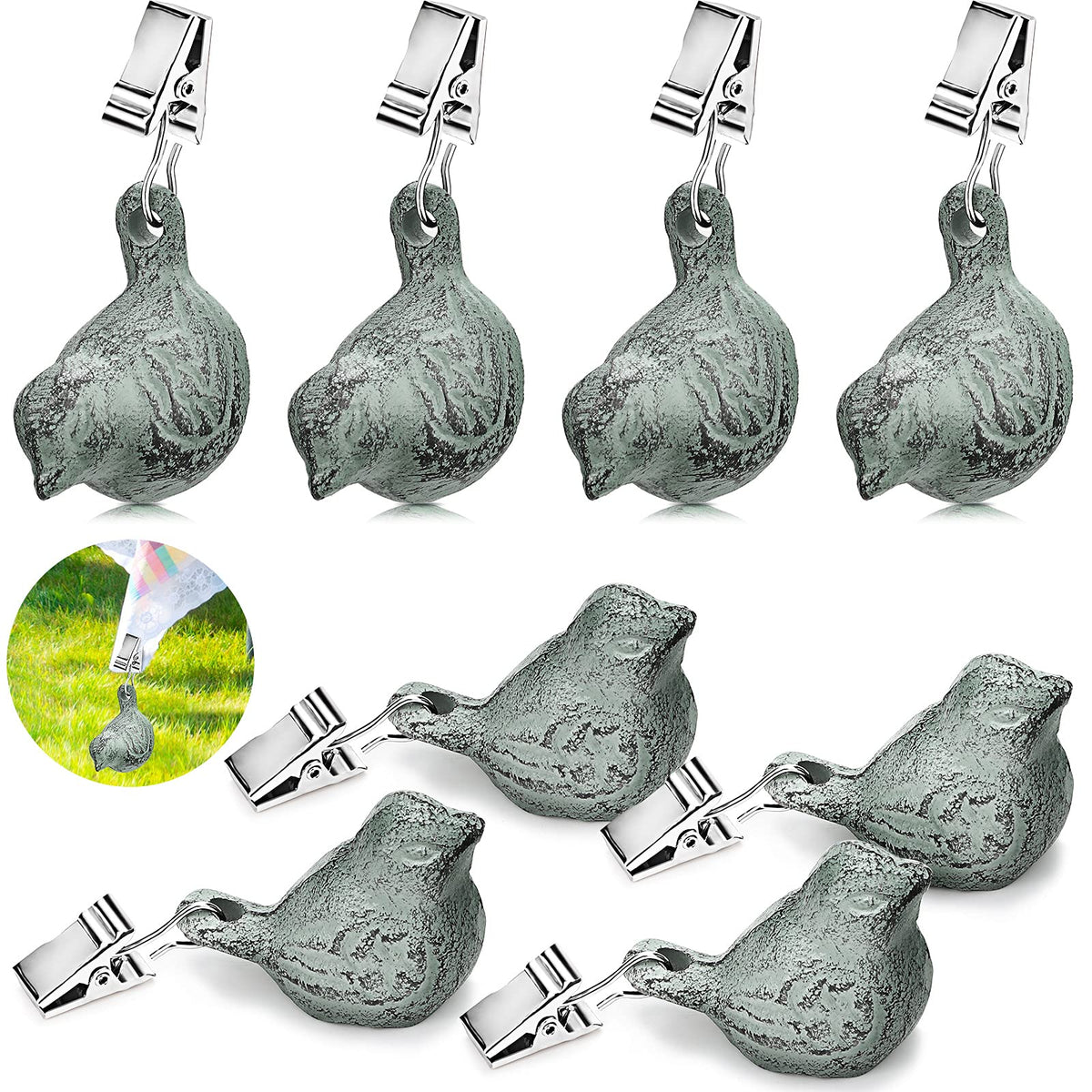 Patelai front view showing eight light-green bird tablecloth weights and vintage charm