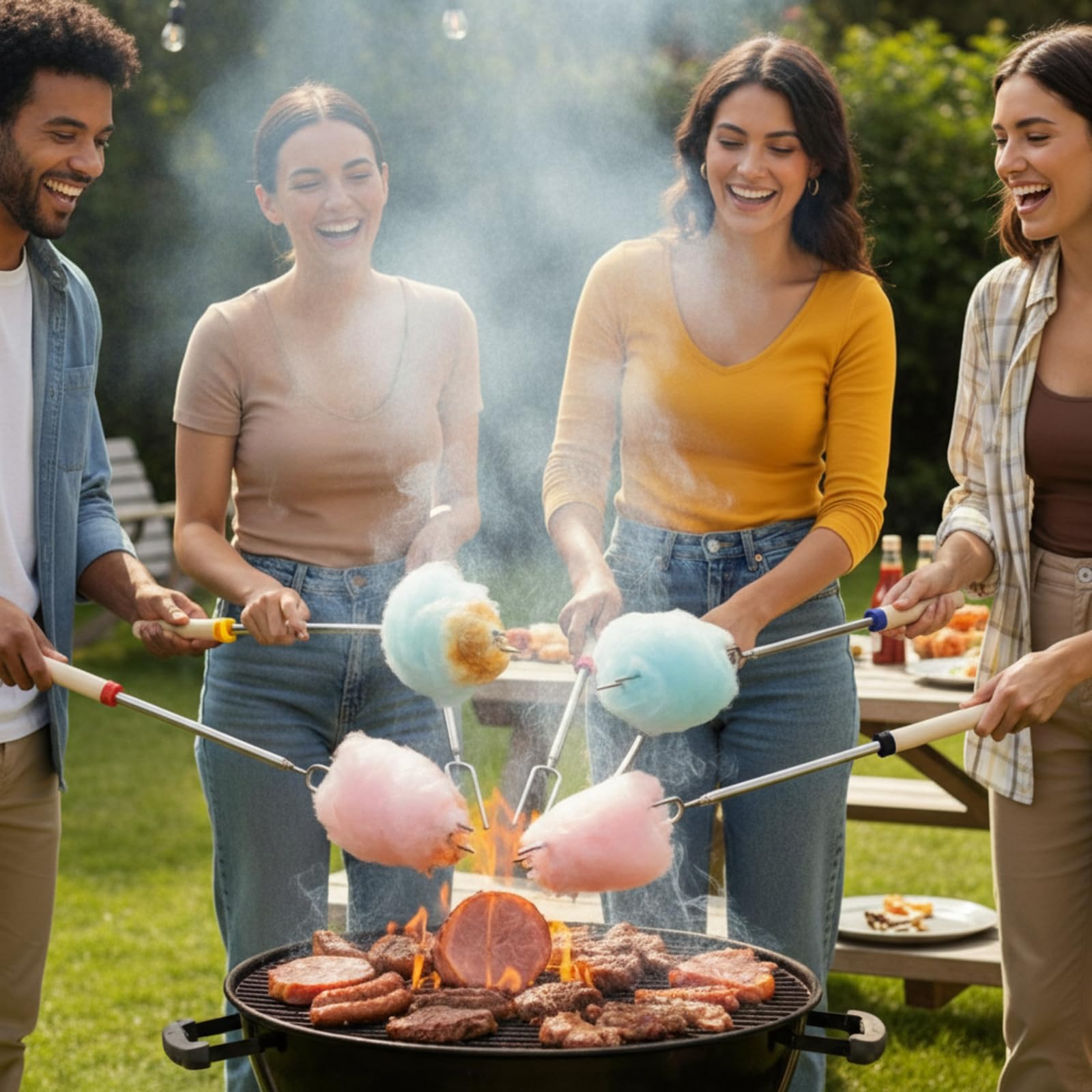 Patelai roasting stick in use over campfire showing safe distance and convenience