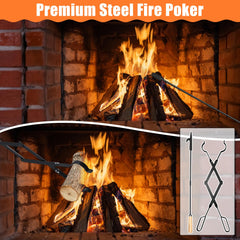 Patelai wrought iron poker and tongs detail showing secure fire control benefit
