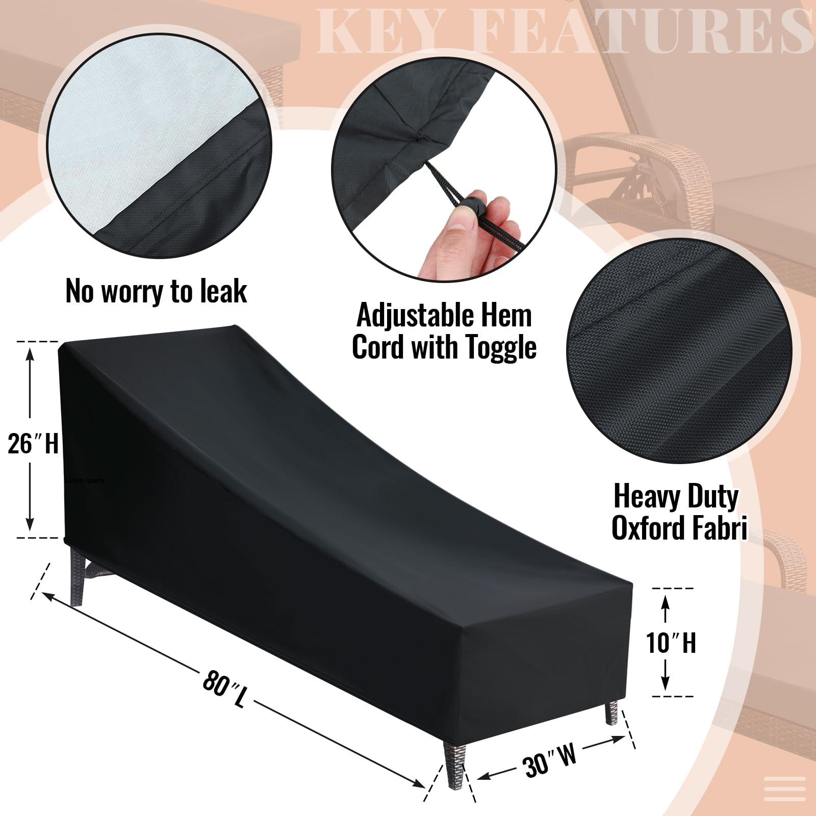 Patelai protective black cover fitted over lounger demonstrating weather shield
