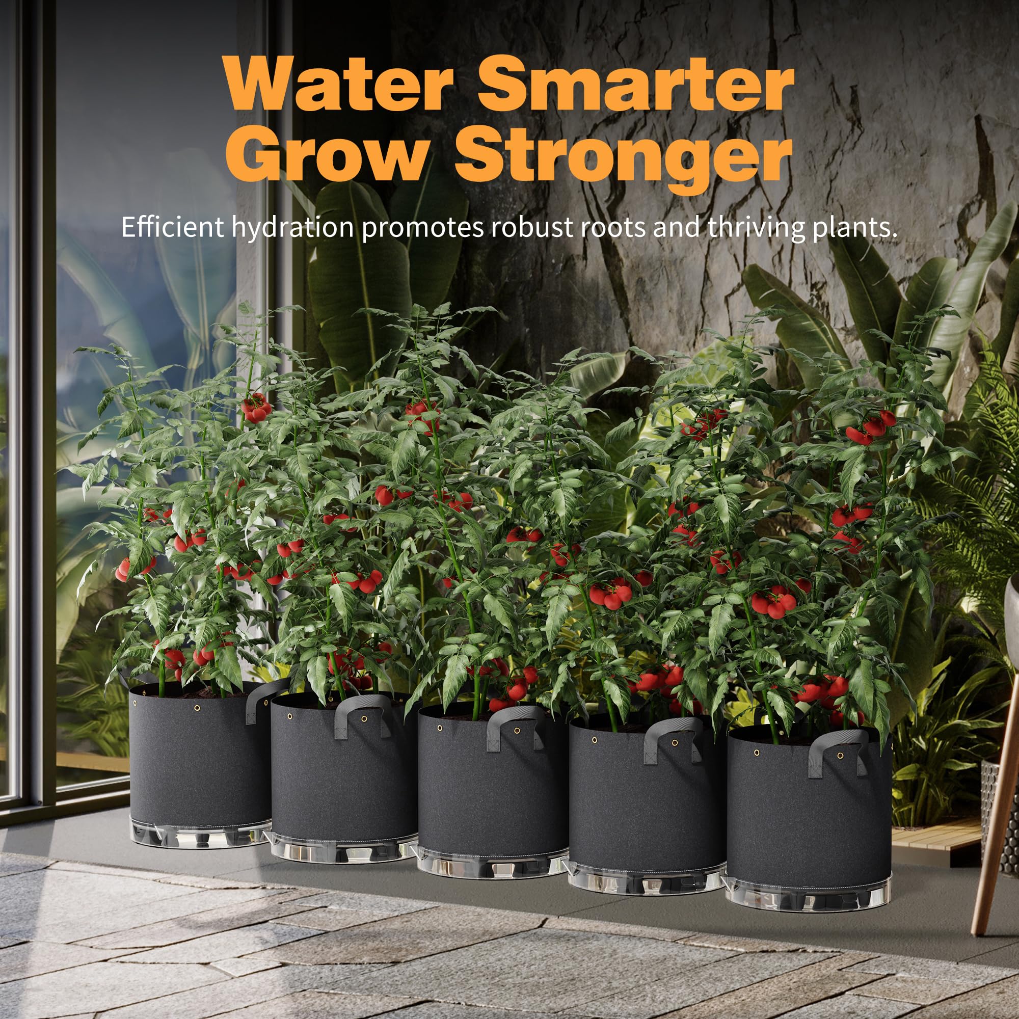 Patigrow grow bag beside garden trowel for scale showing 5-gallon capacity and portability