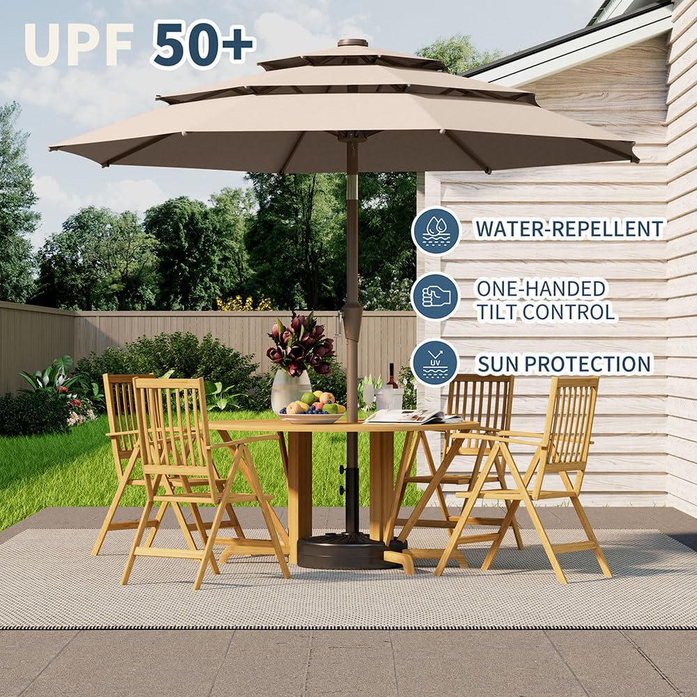 Patio Kingdom umbrella shading a patio table for comfortable outdoor dining