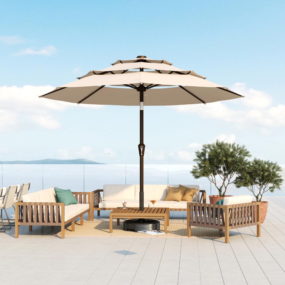 Patio Kingdom umbrella by pool creating cool shaded lounge area
