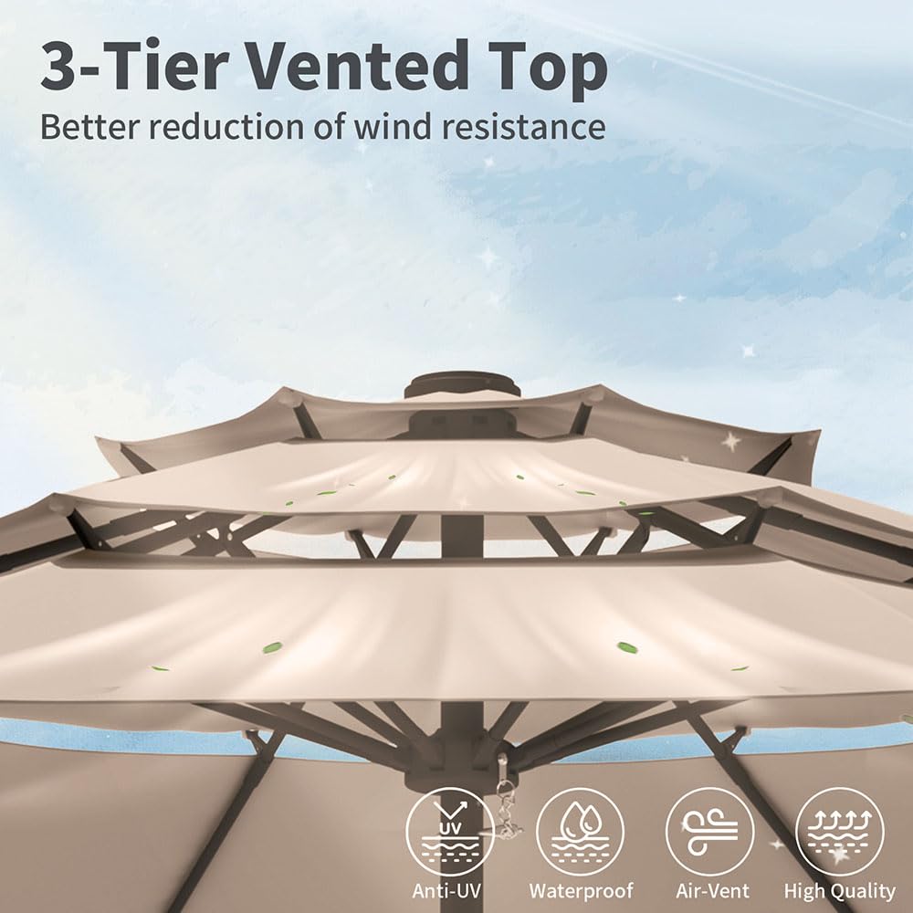 Patio Kingdom detailed view of three vented tiers improving wind stability