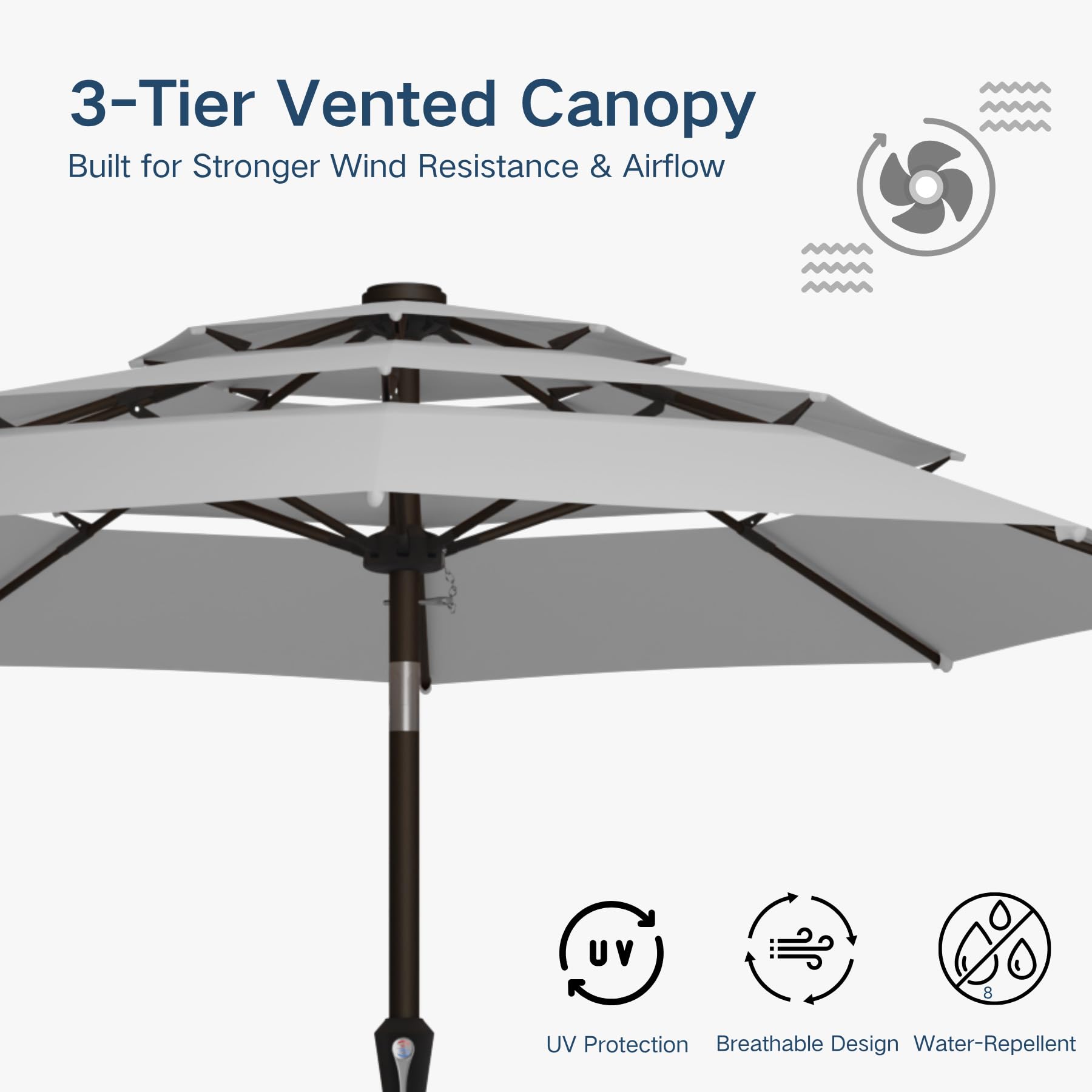 Patio Kingdom close-up of 3-tier vented canopy improving airflow