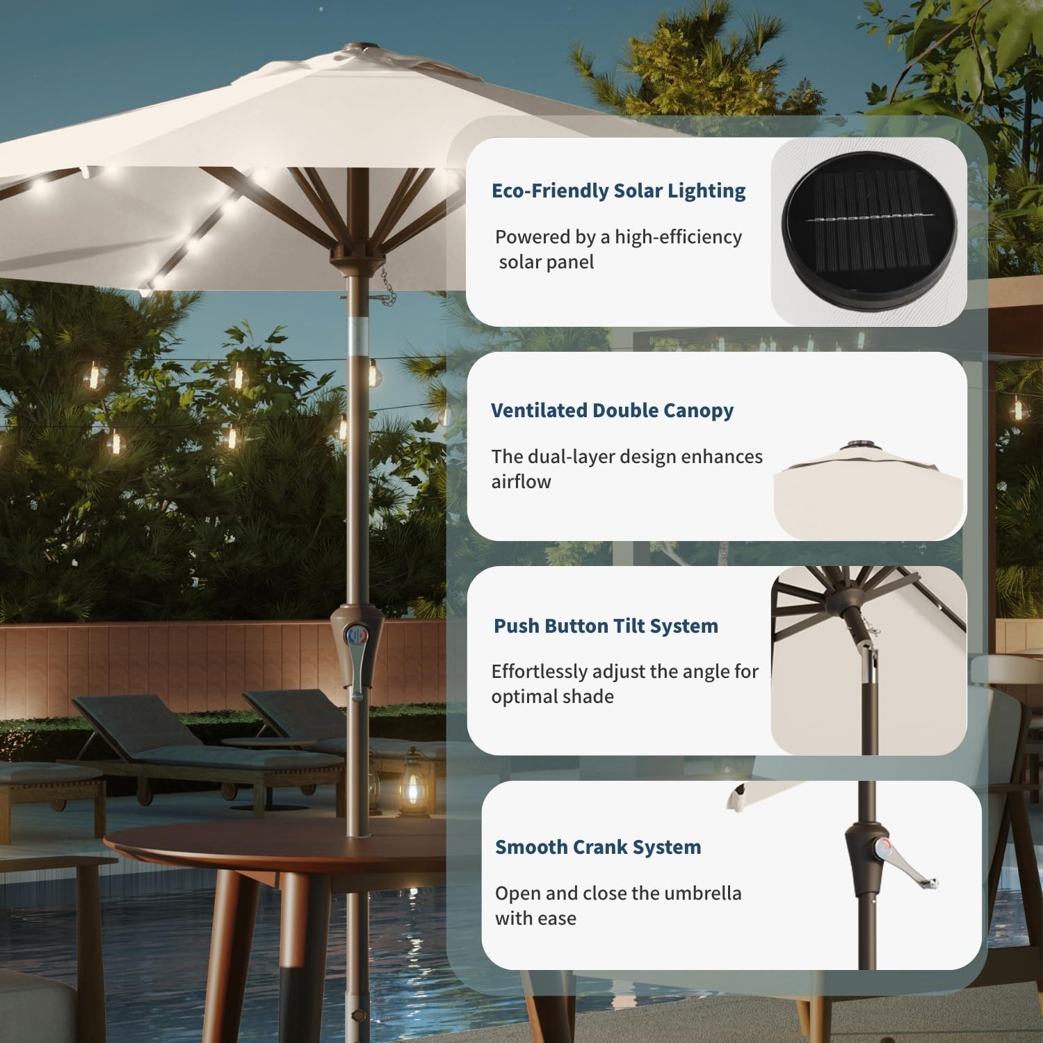 Patio Kingdom crank and tilt mechanism detail for easy operation benefit