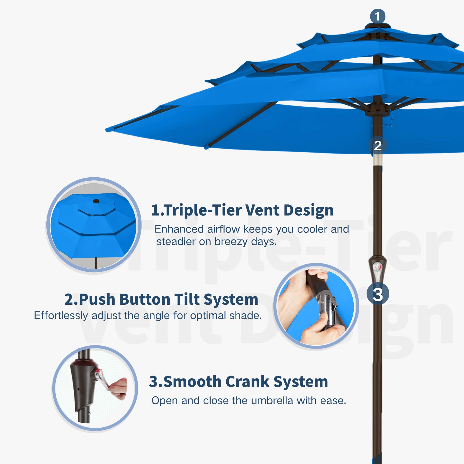Patio Kingdom crank and push-button tilt mechanism for easy shade adjustment