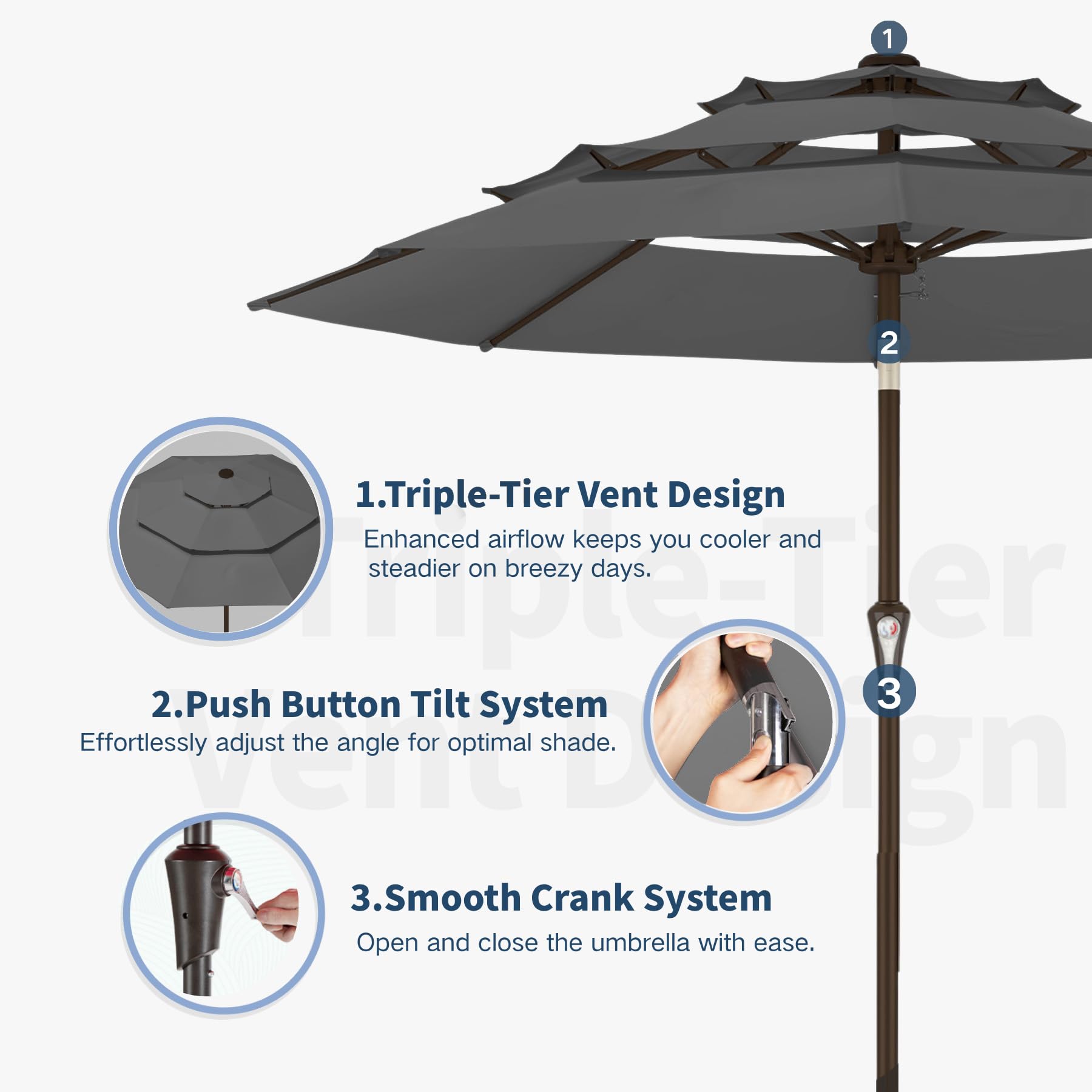 Patio Kingdom crank and push-button tilt for easy angle adjustment