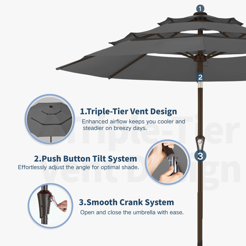 Patio Kingdom crank and push-button tilt for easy angle adjustment