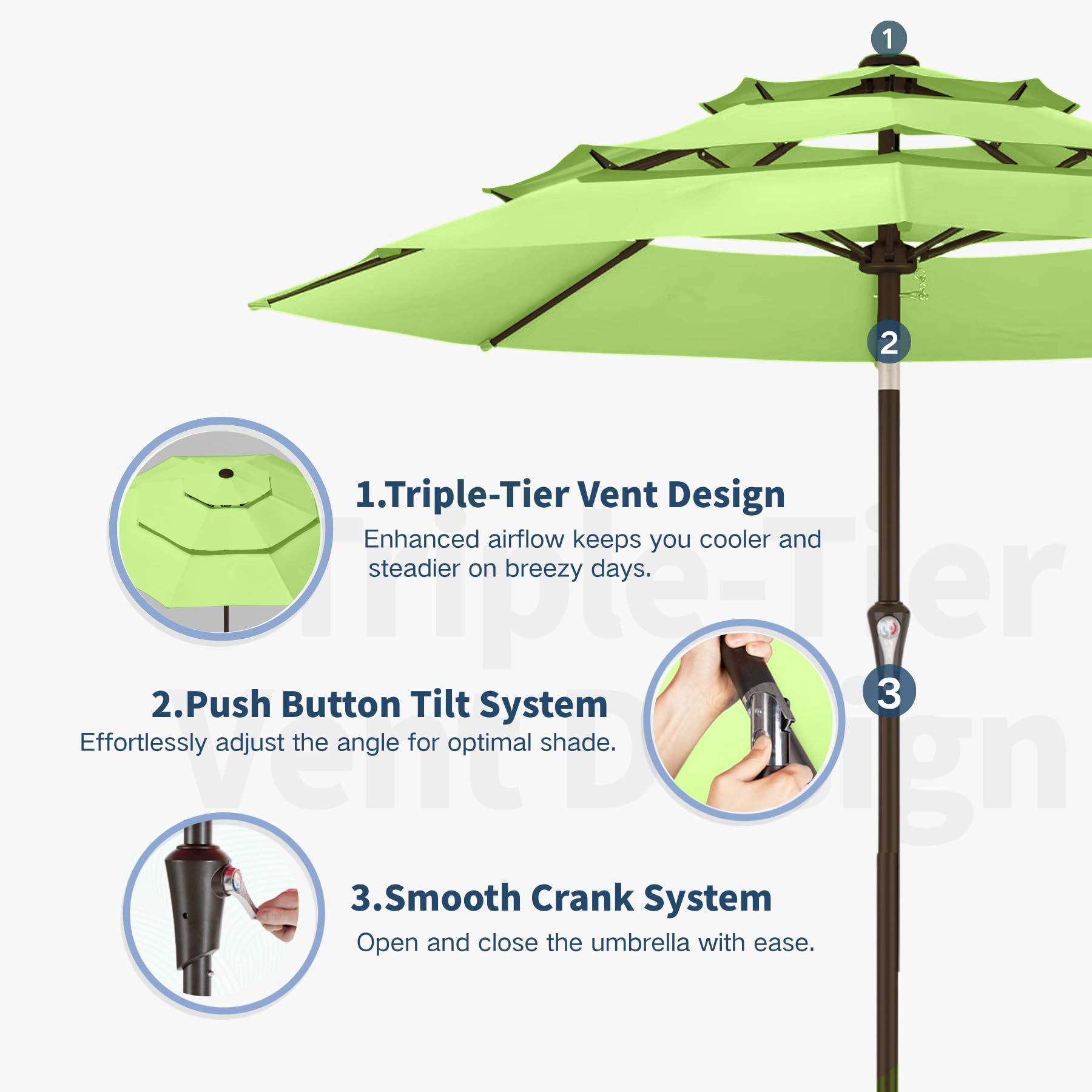 Patio Kingdom crank and push-button tilt showing easy adjustment benefit