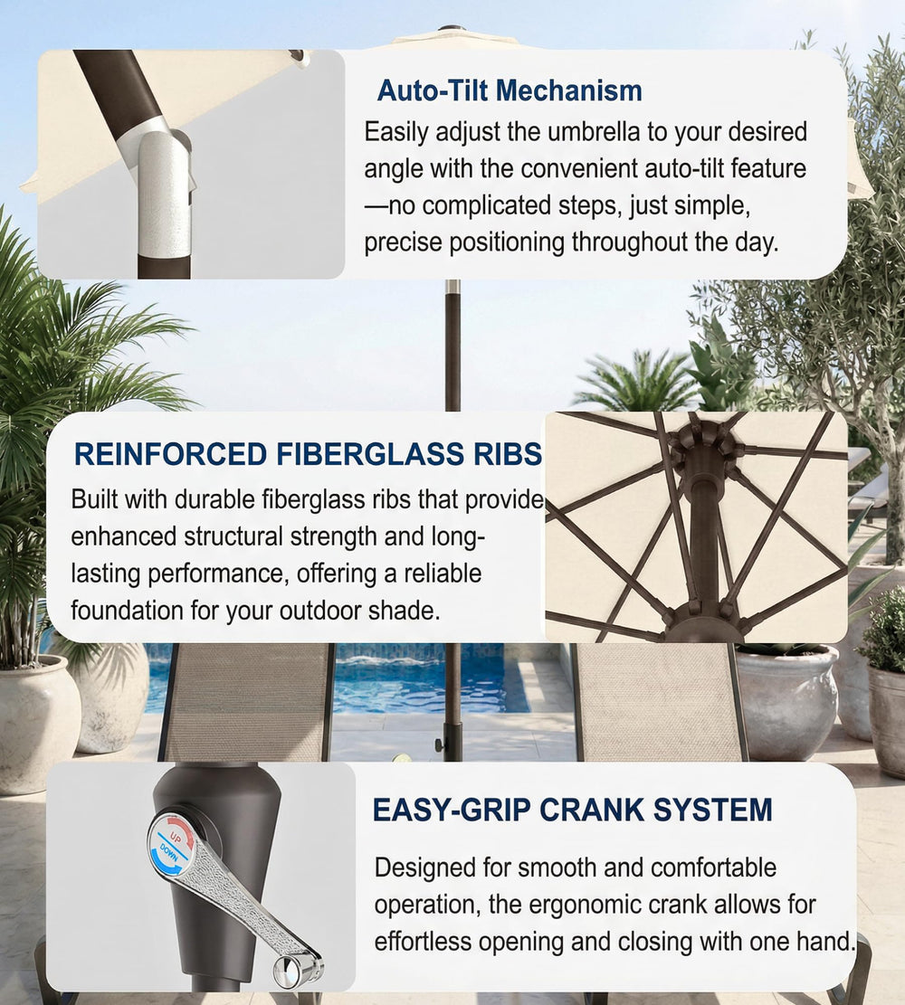 Patio Kingdom crank and push-button tilt demonstrating easy adjustment