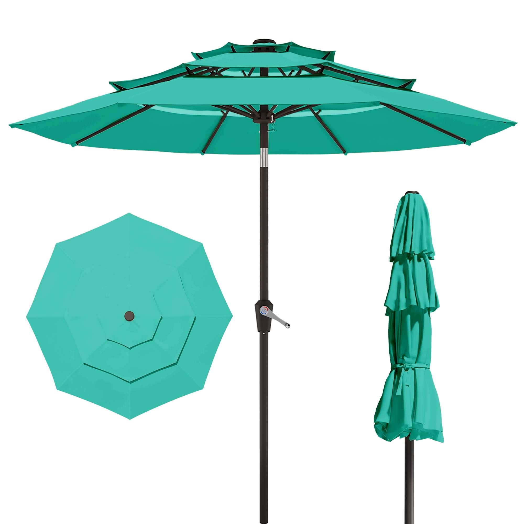 Patio Kingdom umbrella front view showing turquoise color and wide shade benefit
