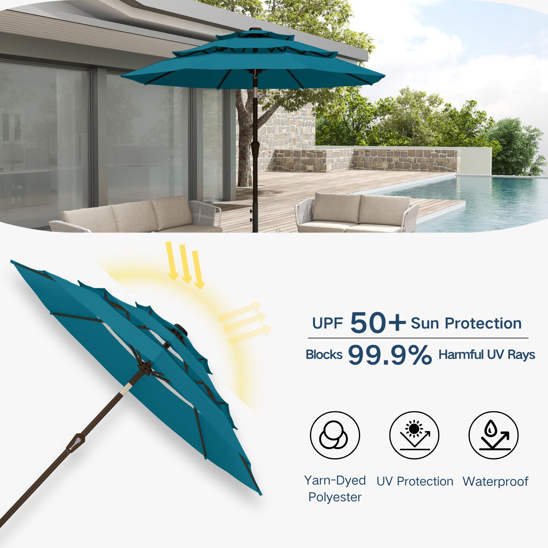 Patio Kingdom umbrella in use on a patio creating comfortable shaded seating