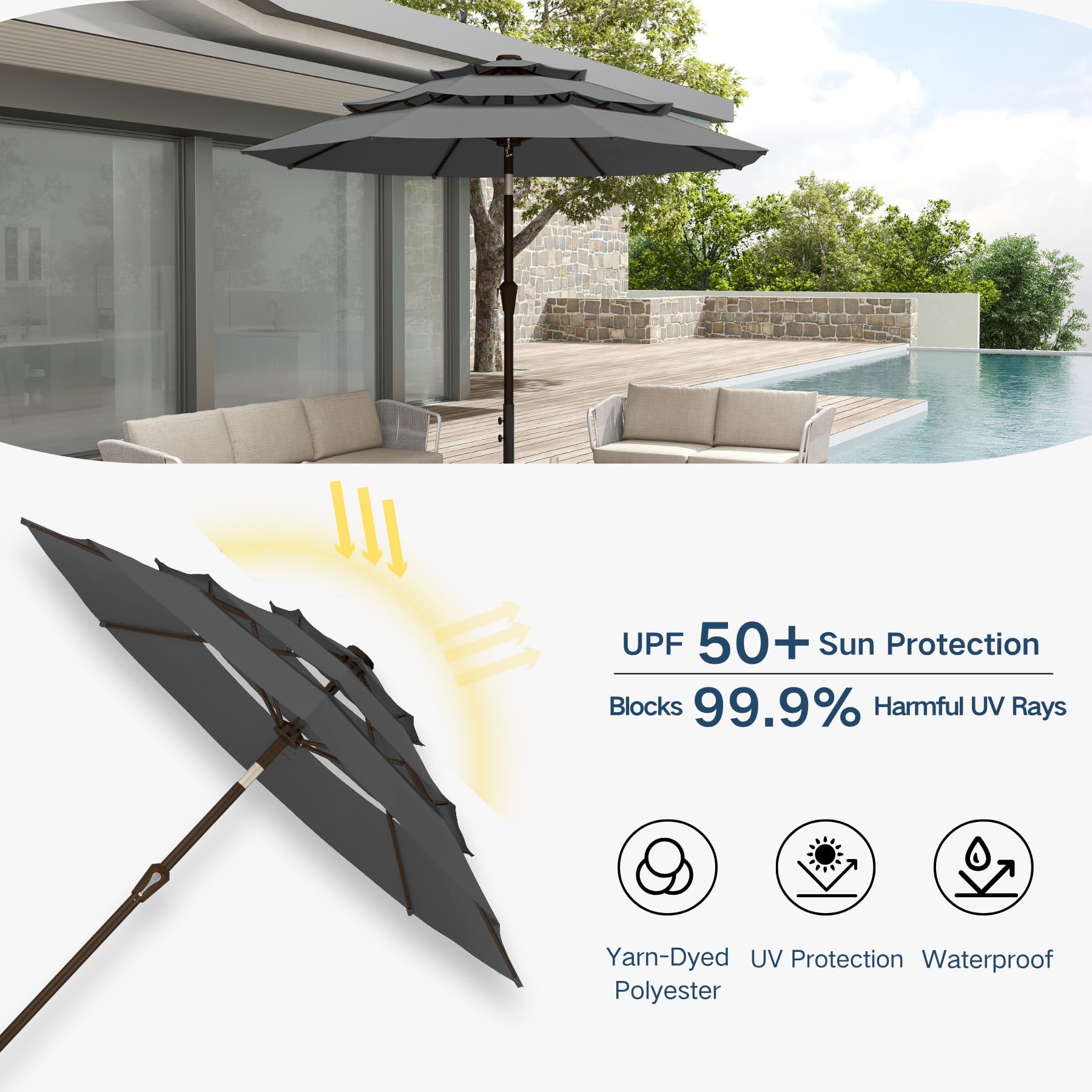 Patio Kingdom umbrella over outdoor dining area for comfortable gatherings
