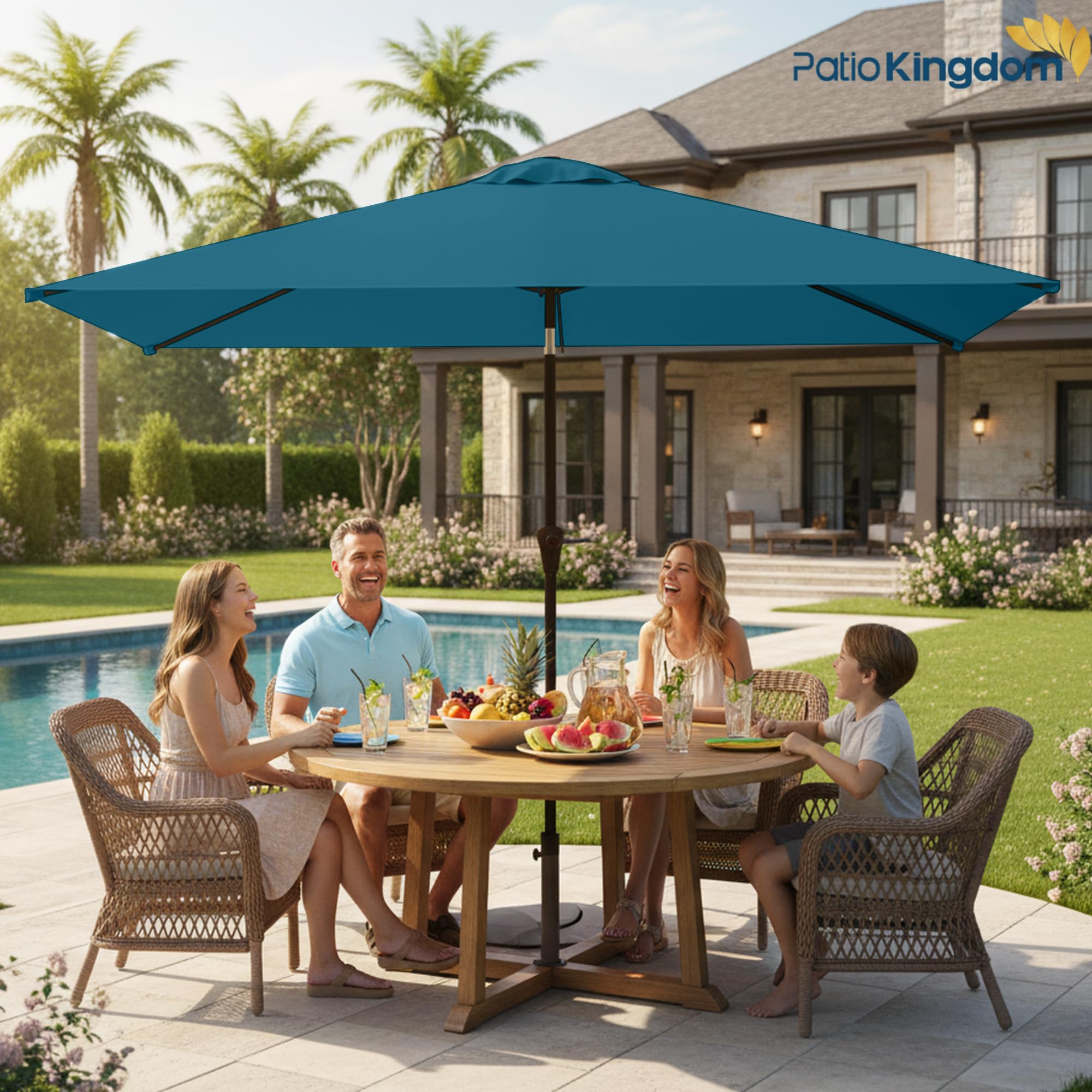 Patio Kingdom umbrella over dining table in use showing family comfort benefit: dining shade