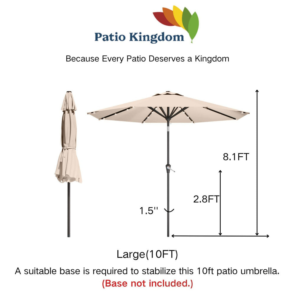 Patio Kingdom packaged contents with umbrella and solar panel indicating what is included