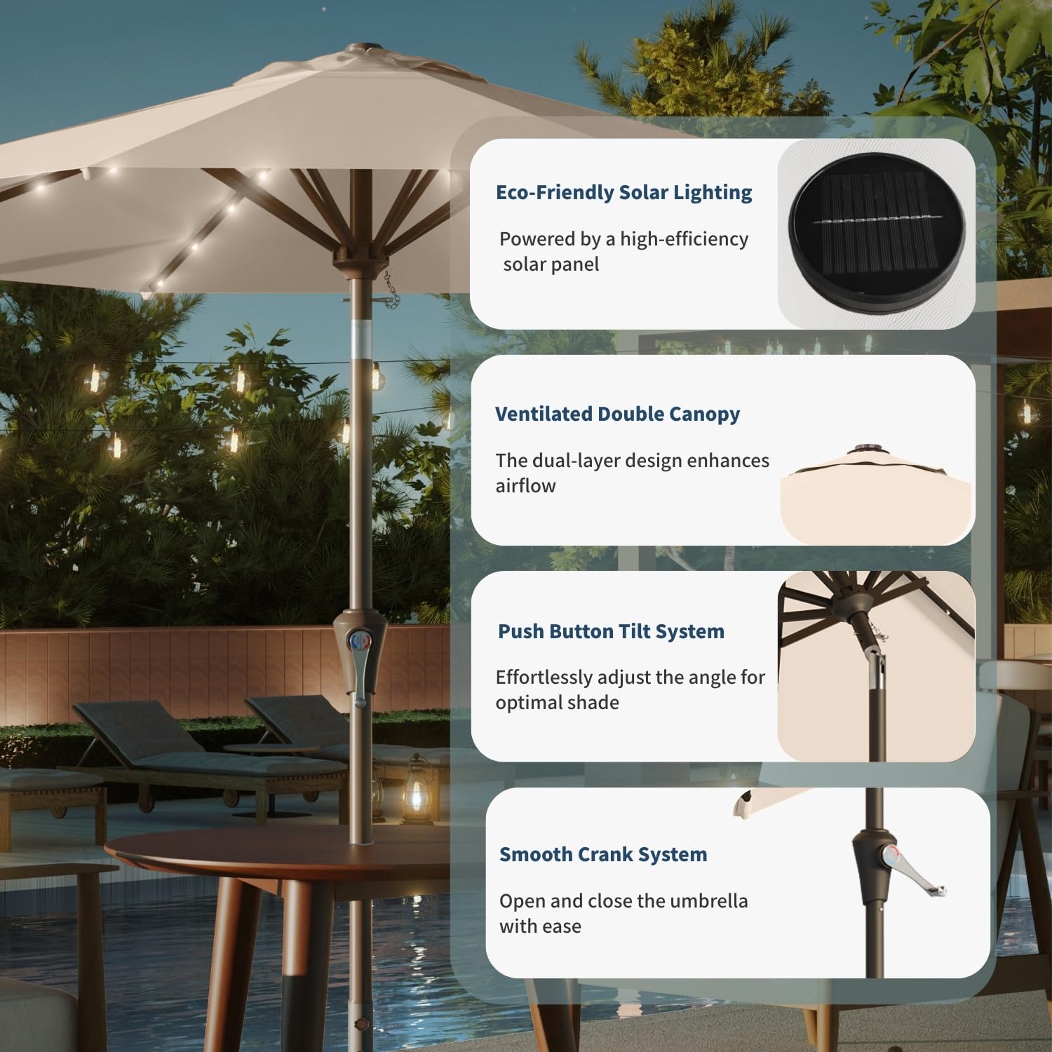 Patio Kingdom iron pole and 8 ribs detail showing sturdy frame for steady outdoor support